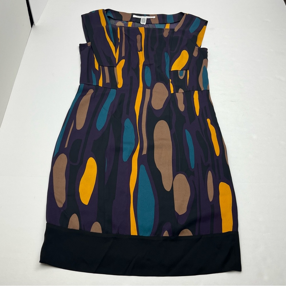 Diane Von Furstenberg Silk Mini Dress‎ Sleeveless Black Purple Size 4 *TINY FLAW